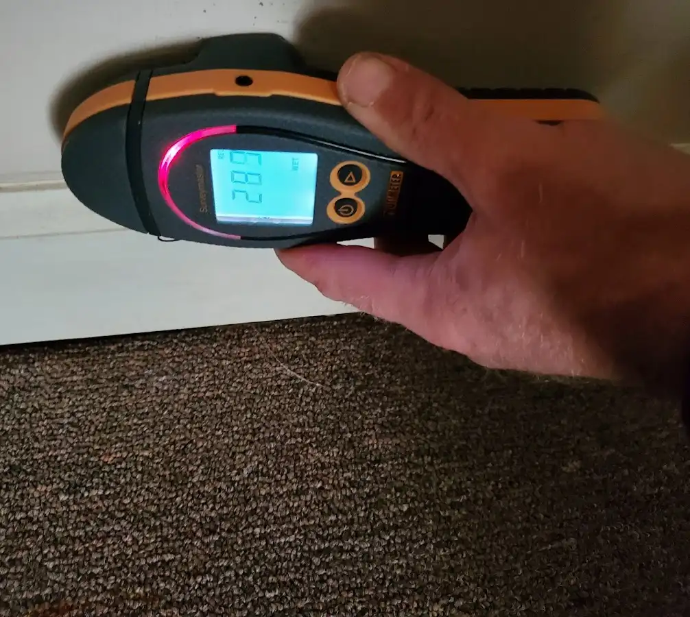 Moisture detection at baseboard during Storm Damage Restoration in Quartz Hill